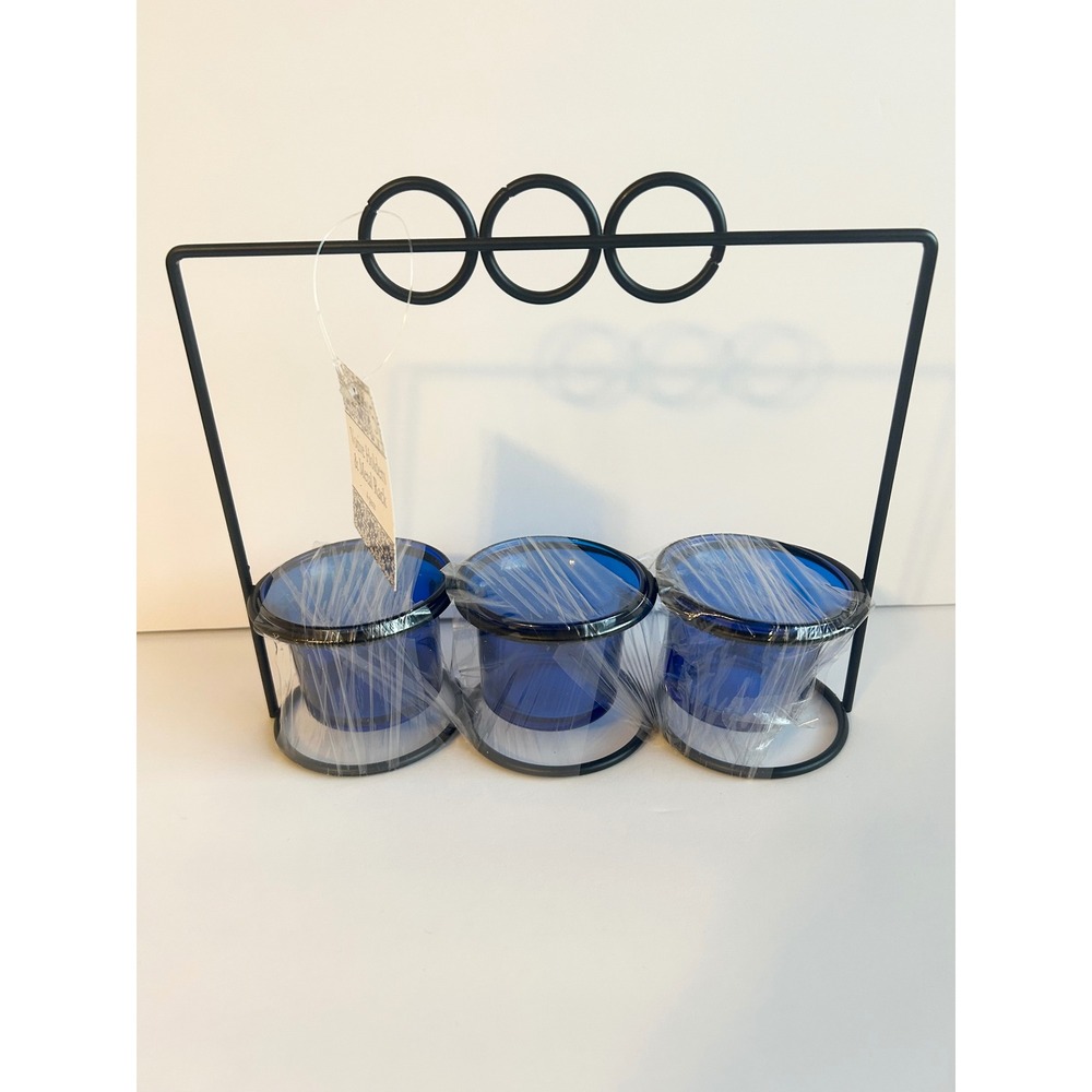 Home Essentials Cobalt Blue Glass Votive Holders with Black Metal Rack 4 Piece